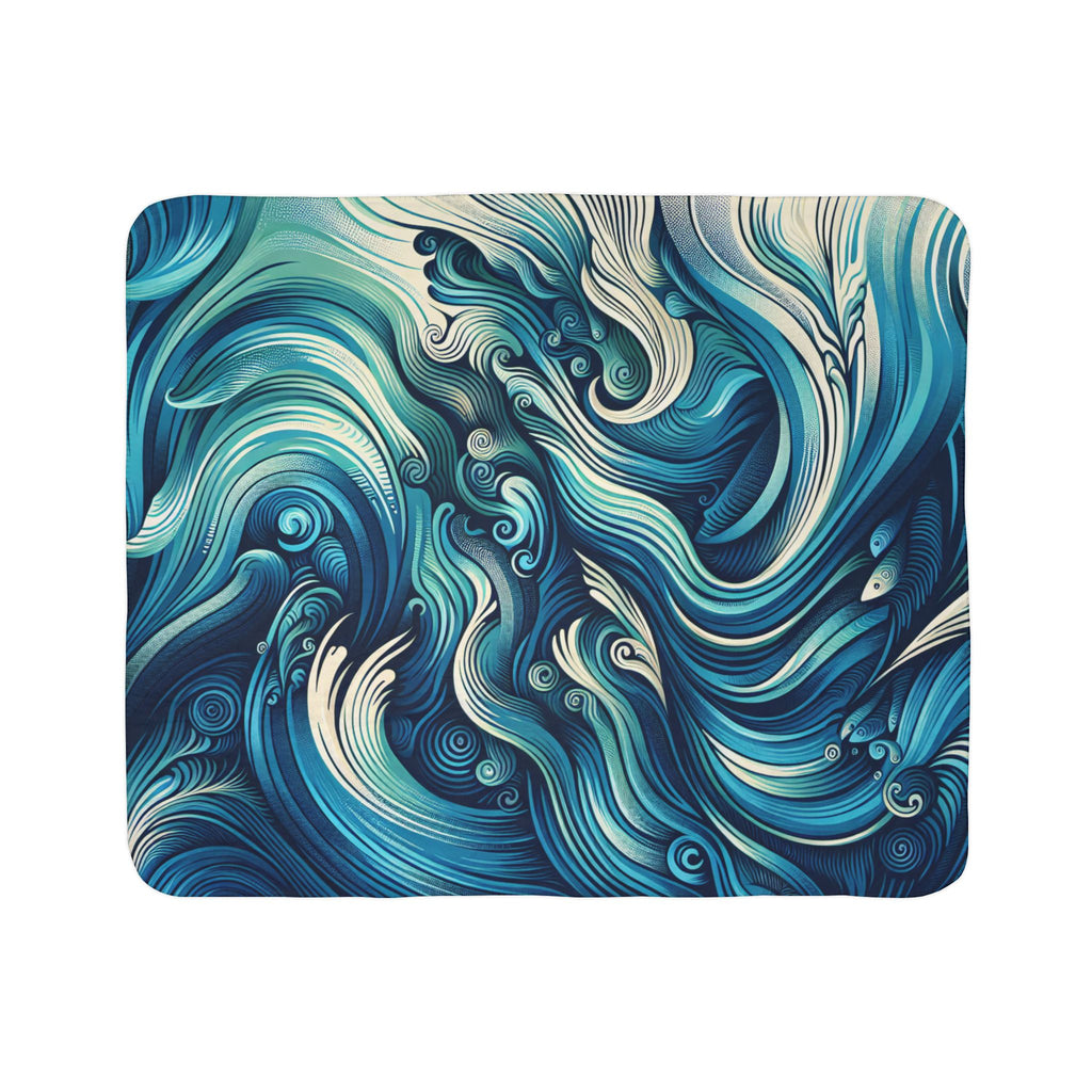 LuckeLadybug sherpa blanket with blue and teal abstract swirl design ultra-cozy throw blanket