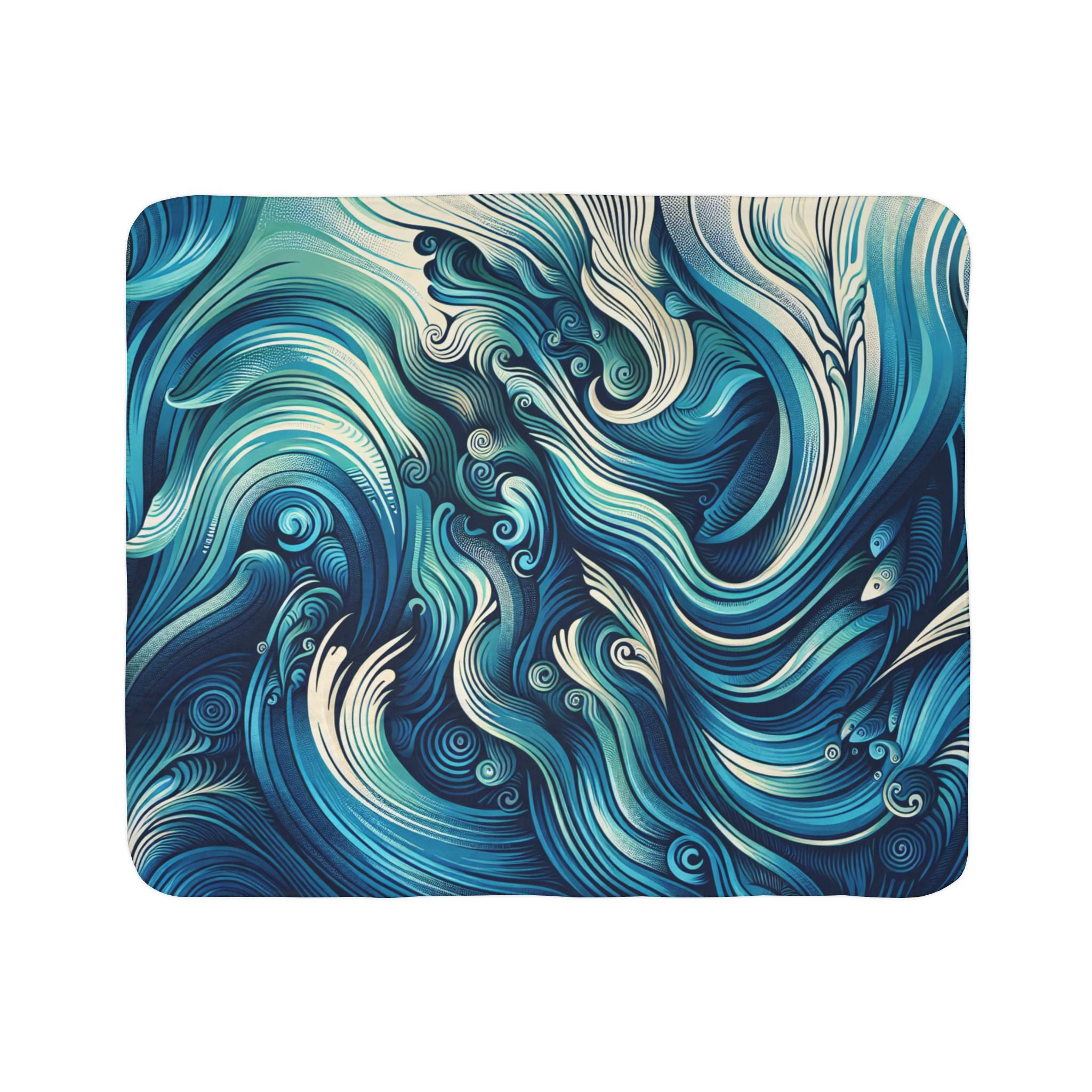 LuckeLadybug sherpa blanket with blue and teal abstract swirl design ultra-cozy throw blanket