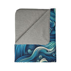 LuckeLadybug Sherpa Blanket with blue wave design and grey fleece back ultra-cozy throw blanket
