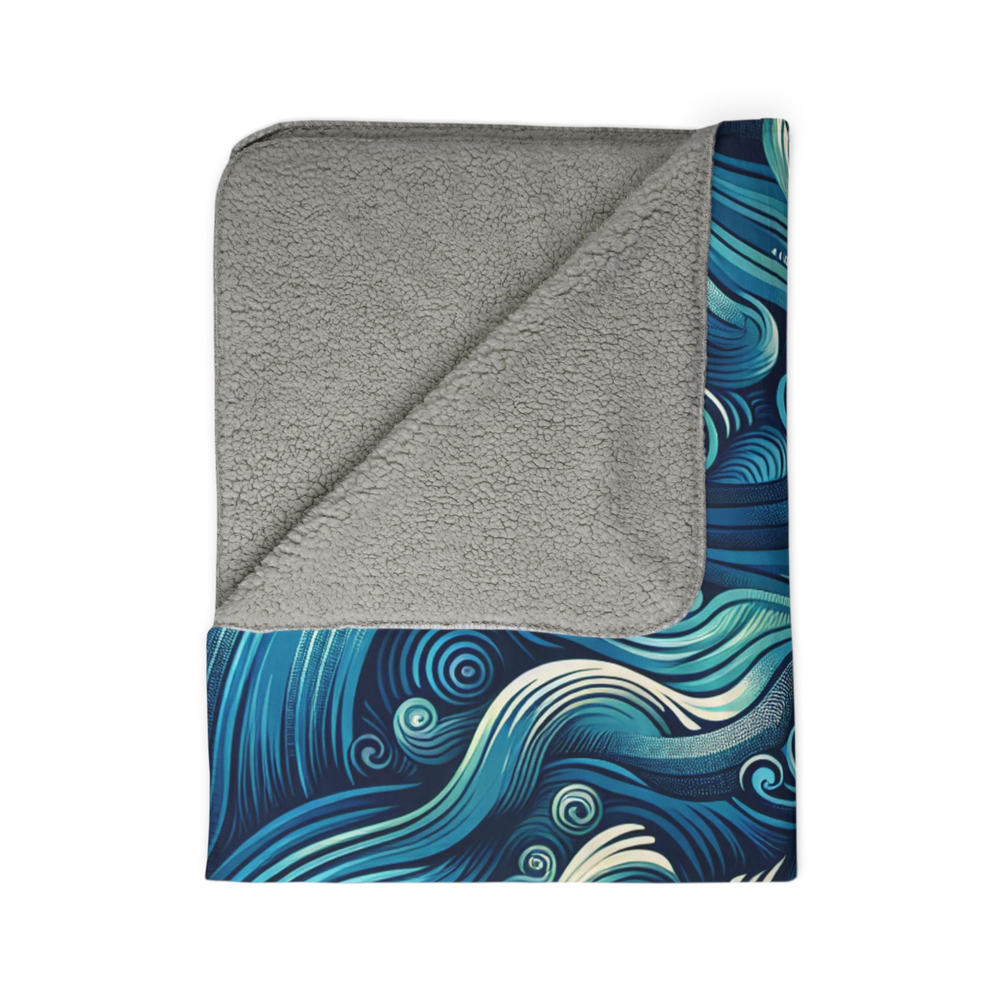 LuckeLadybug Sherpa Blanket with blue wave design and grey fleece back ultra-cozy throw blanket