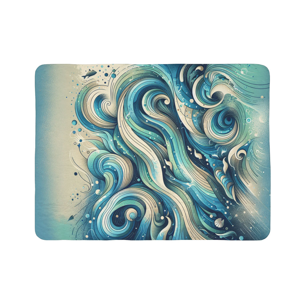 ultra soft abstract sherpa blanket with swirling blue and beige wave design