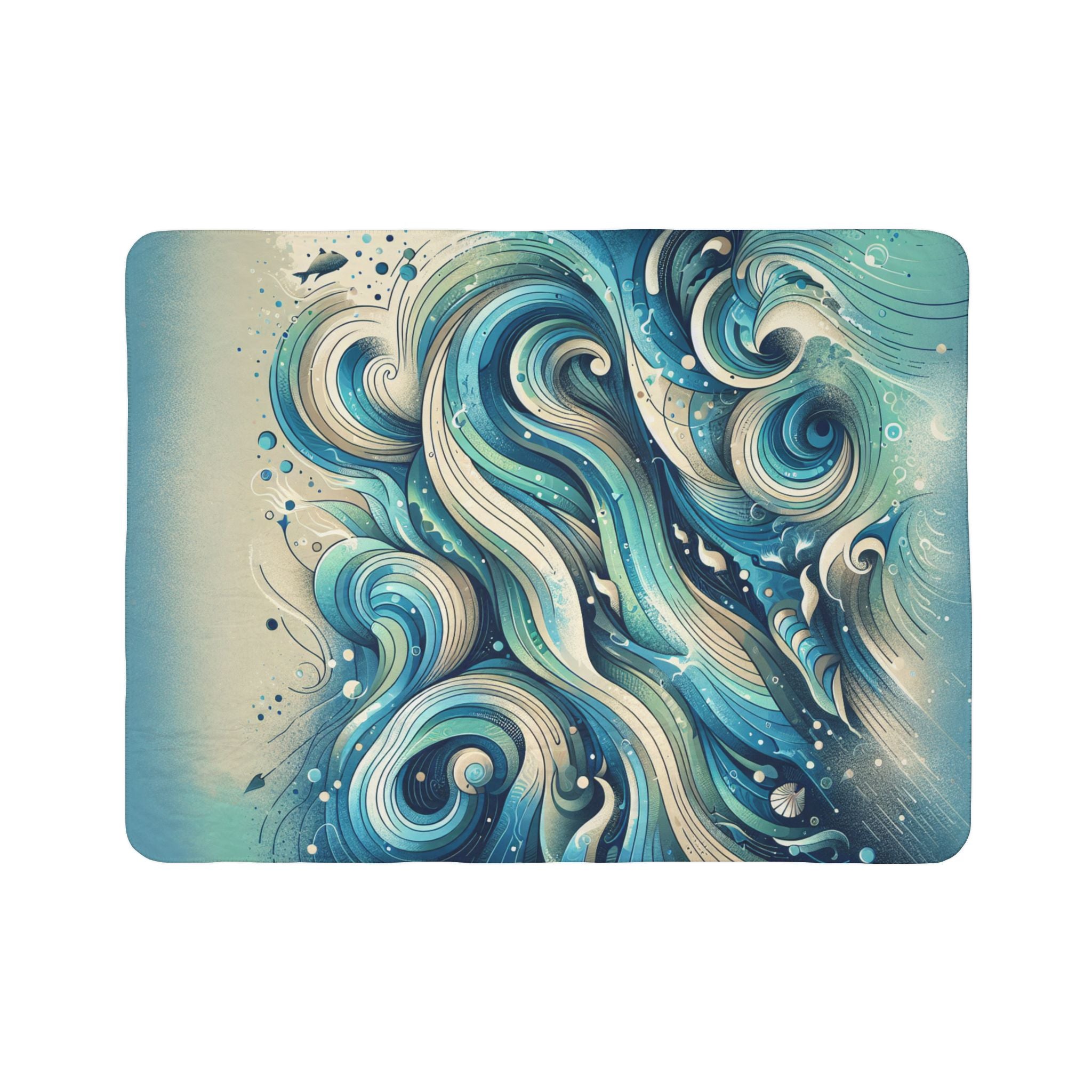 ultra soft abstract sherpa blanket with swirling blue and beige wave design