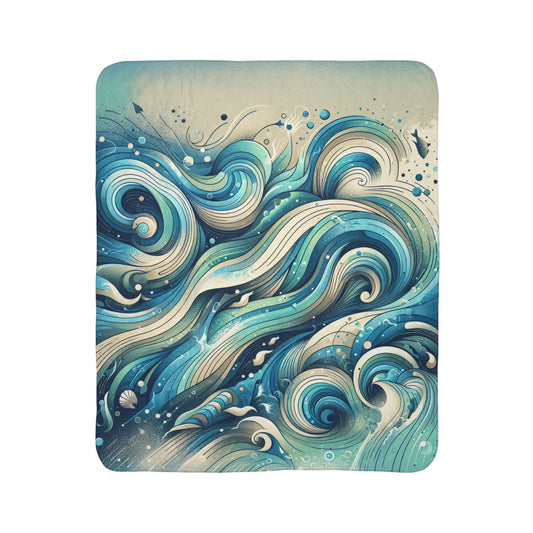 ultra soft abstract sherpa blanket with blue and beige swirling wave design