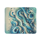 ultra soft abstract sherpa blanket with swirling blue and beige wave pattern