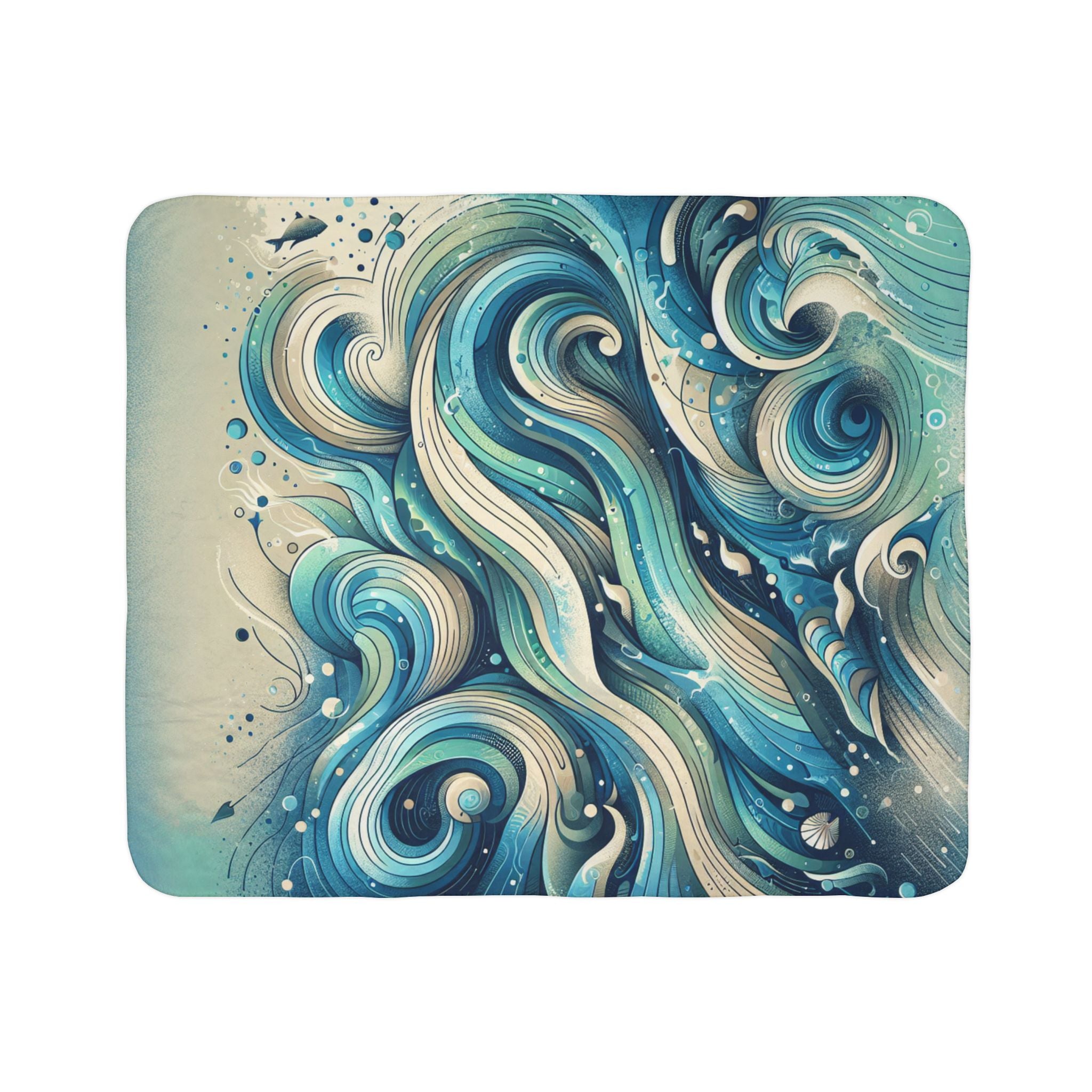 ultra soft abstract sherpa blanket with swirling blue and beige wave pattern
