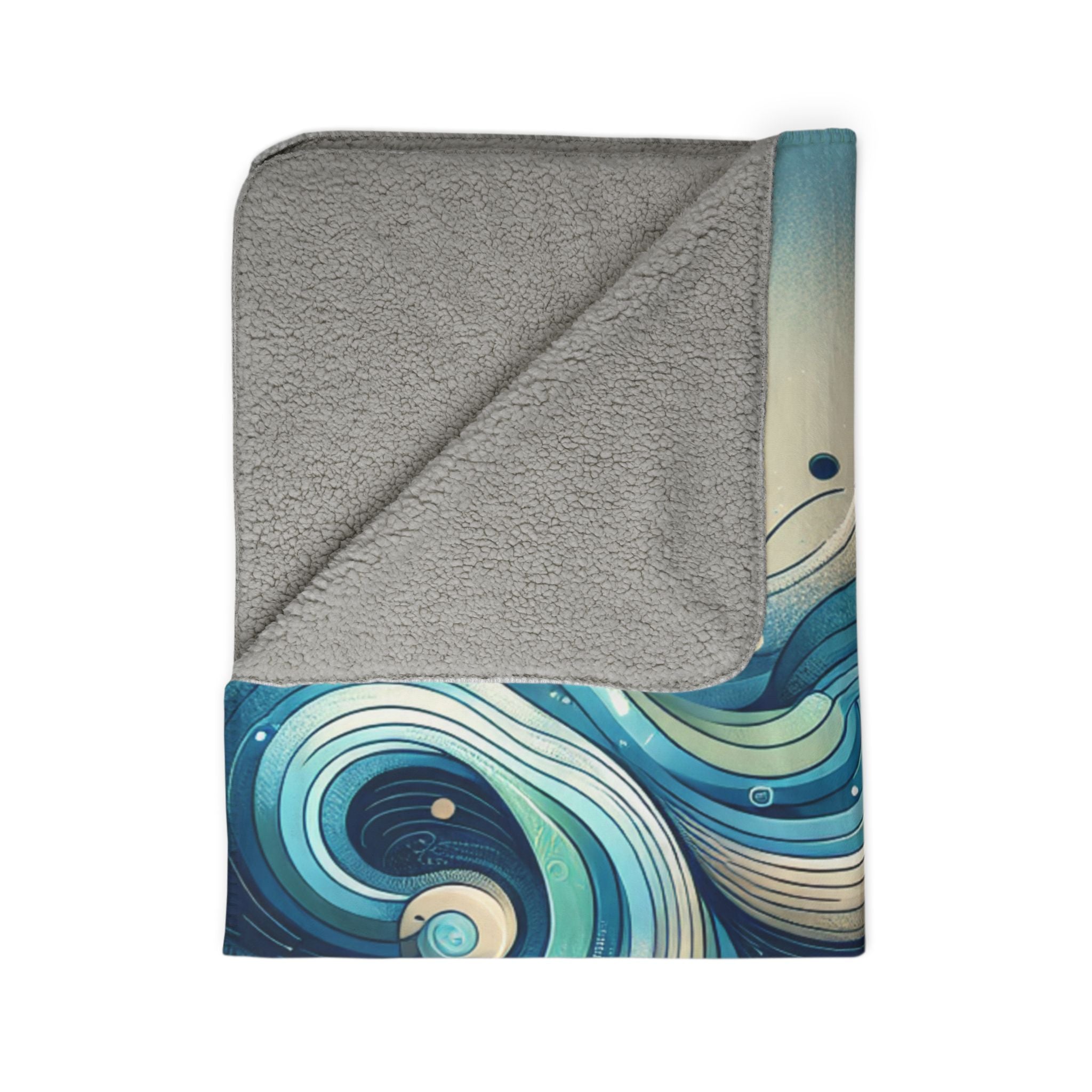 ultra soft abstract sherpa blanket with blue and cream swirling wave design
