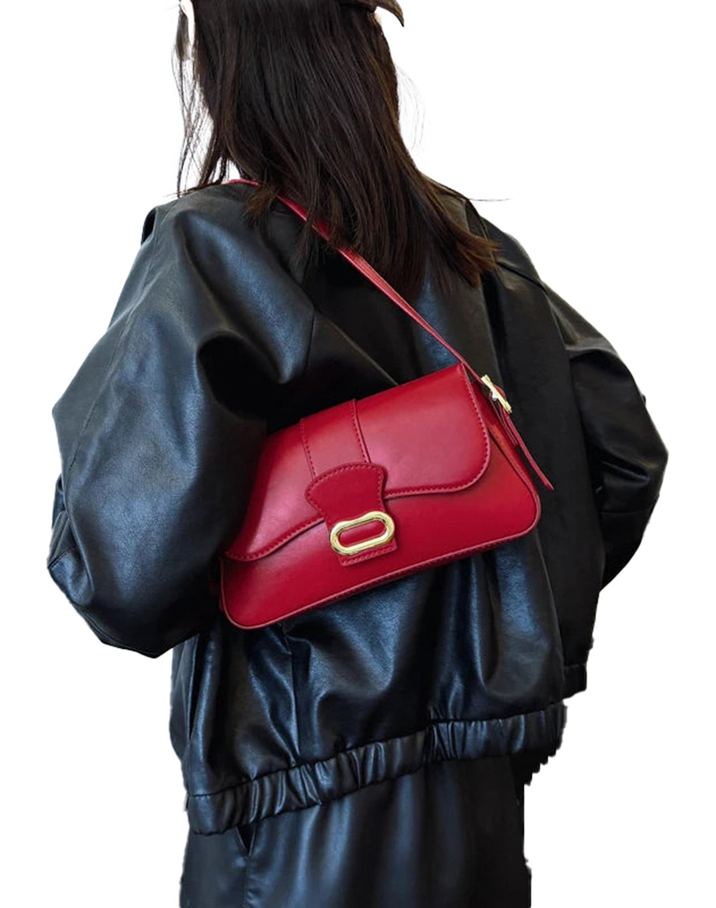 Red LuckeLadybug LLC underarm designer handbag for women styled with a black leather jacket