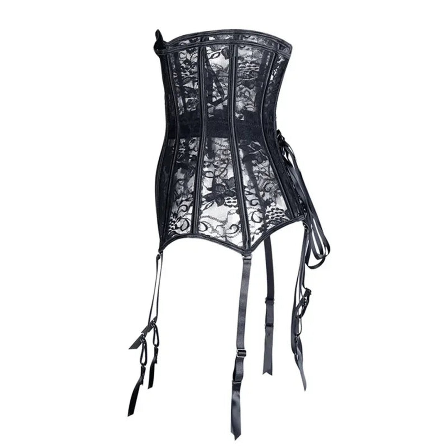 Black lace underbust corset for women with detailed design and adjustable straps