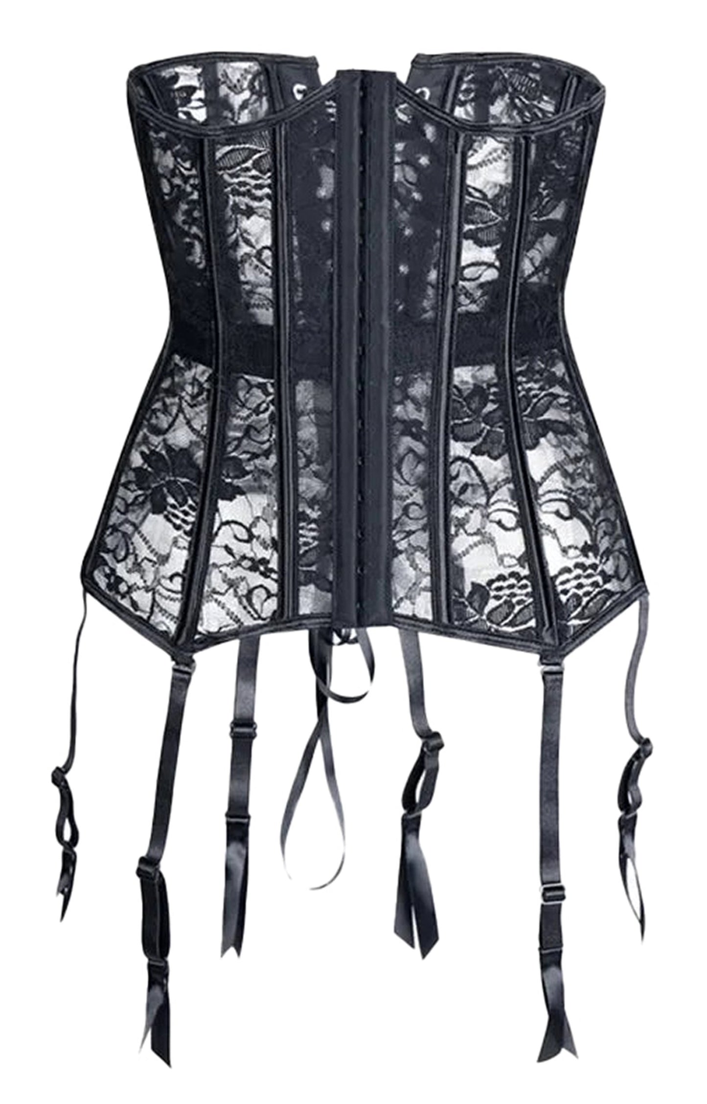 Elegant black lace underbust corset for women with adjustable garters and a stylish design