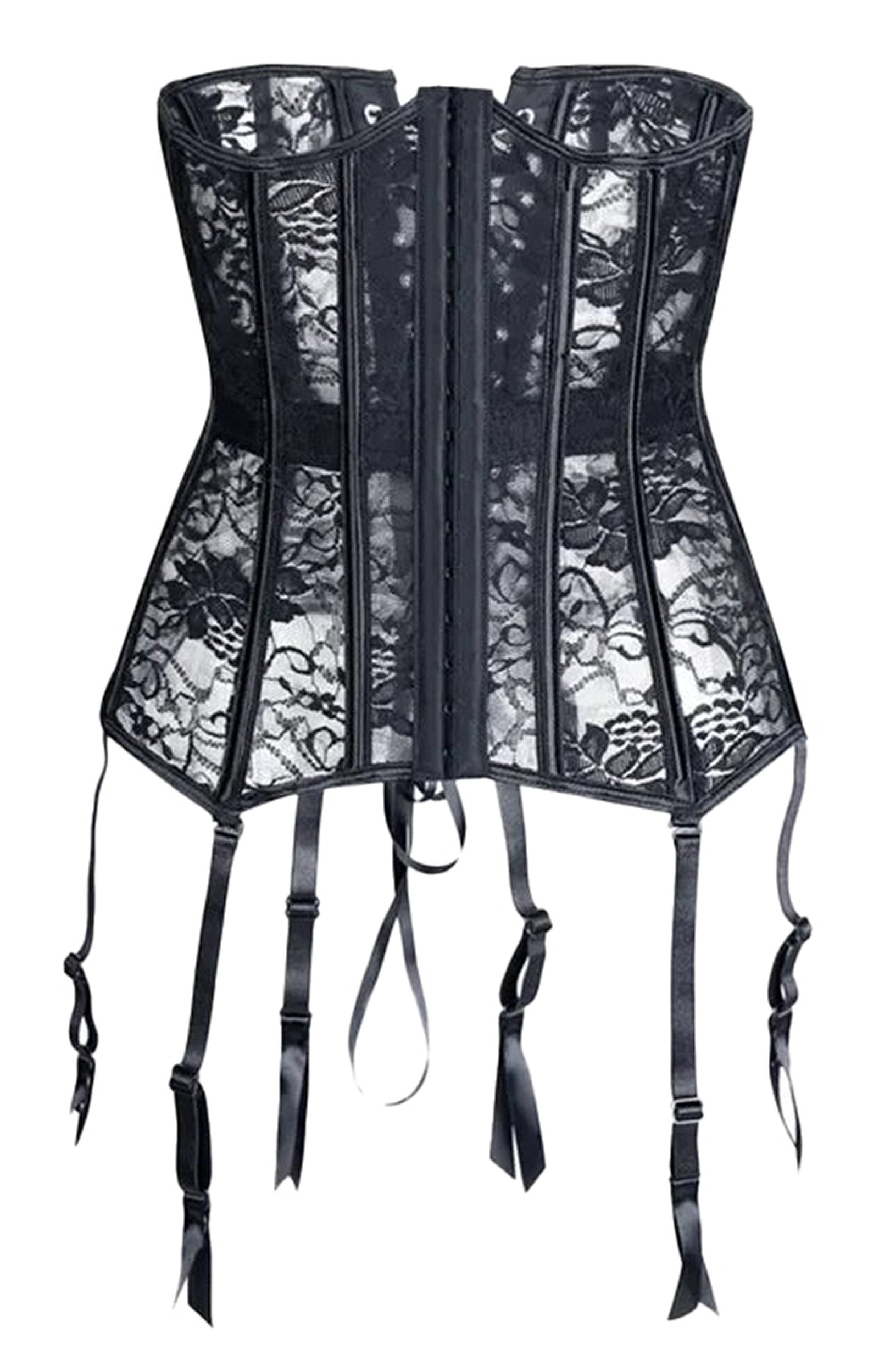 Elegant black lace underbust corset for women with adjustable garters and a stylish design