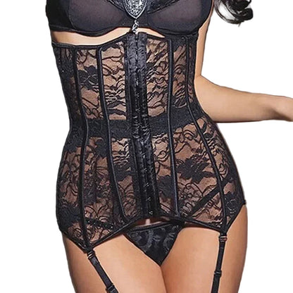 Black lace underbust corset for women with a stylish design and adjustable features