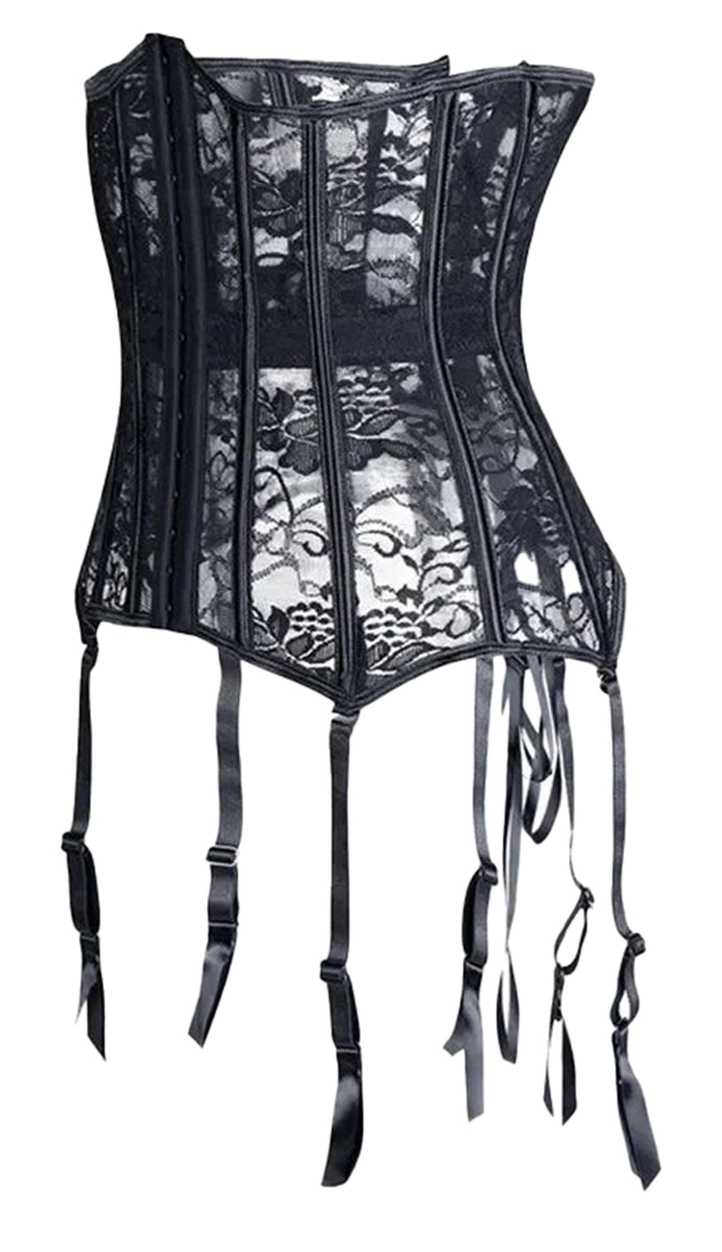 Elegant black underbust corset for women made with lace and featuring adjustable garter straps