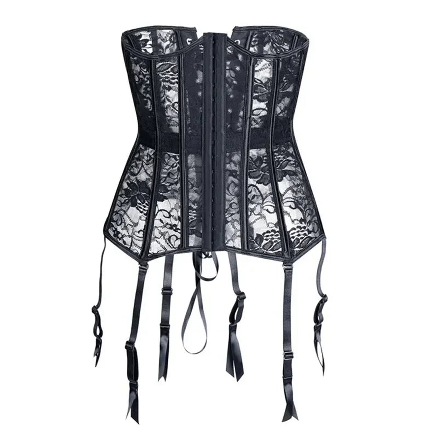 Elegant black lace underbust corset for women with adjustable garter straps and a structured design