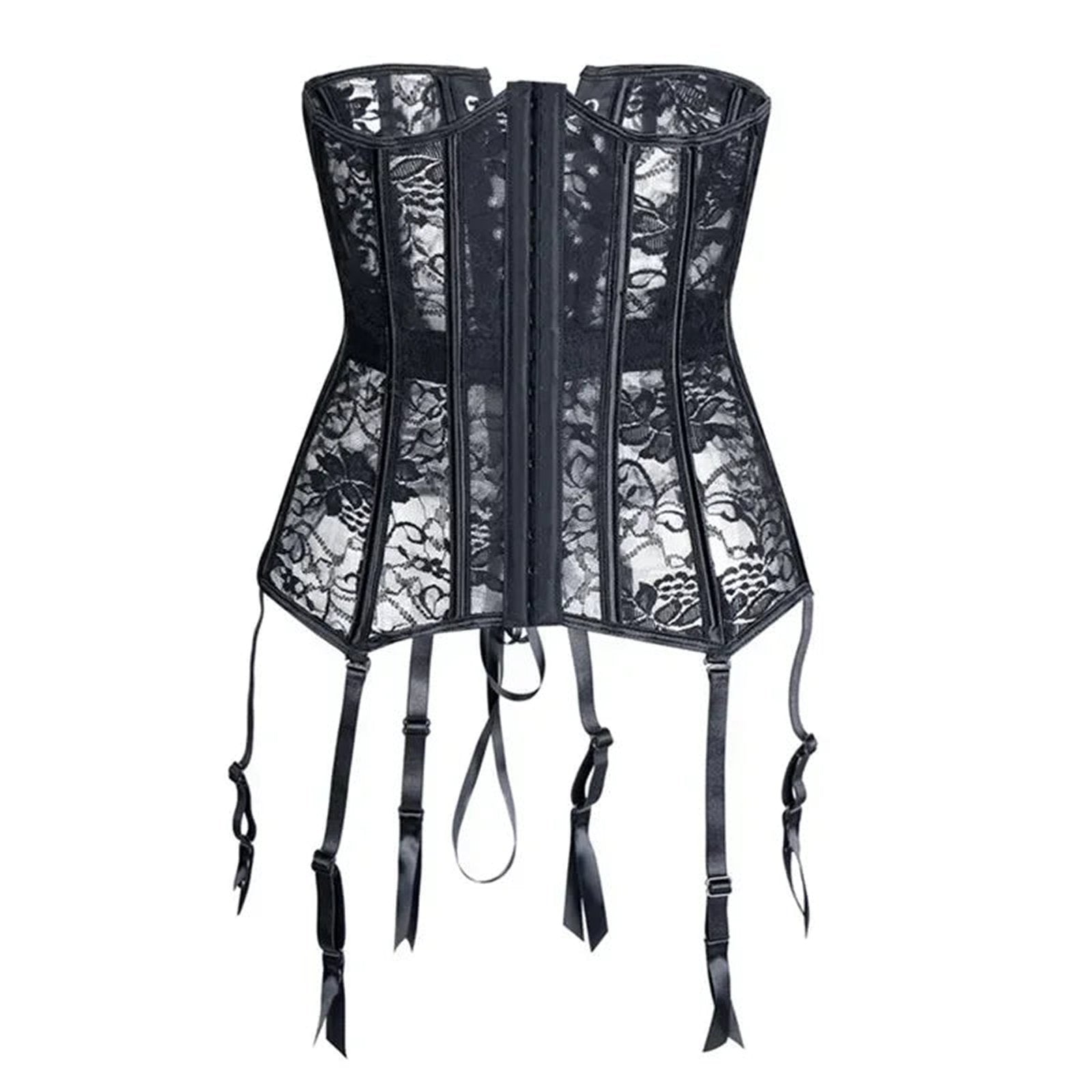 Elegant black lace underbust corset for women with adjustable garter straps and a structured design