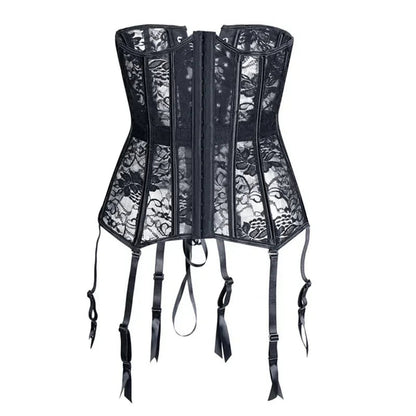 Elegant black lace underbust corset for women with adjustable garter straps and a structured design