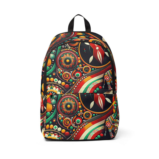 LuckeLadybug unique African pattern backpack with vibrant multicolor tribal design and black straps
