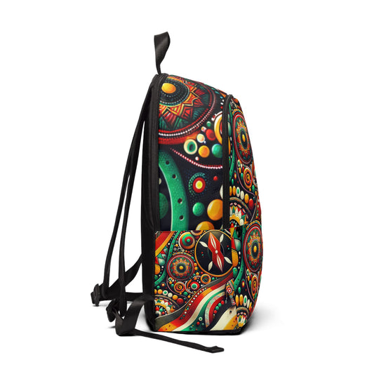Side view of unique African pattern backpack by LuckeLadybug with vibrant colorful circular designs