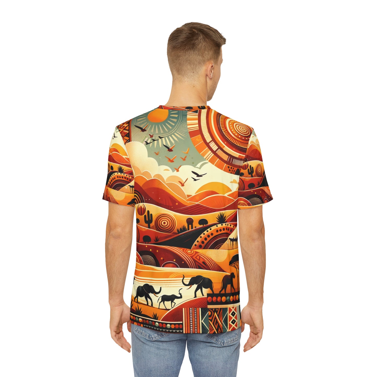 LuckeLadybug unique African pattern shirt for men with vibrant orange wildlife and landscape design