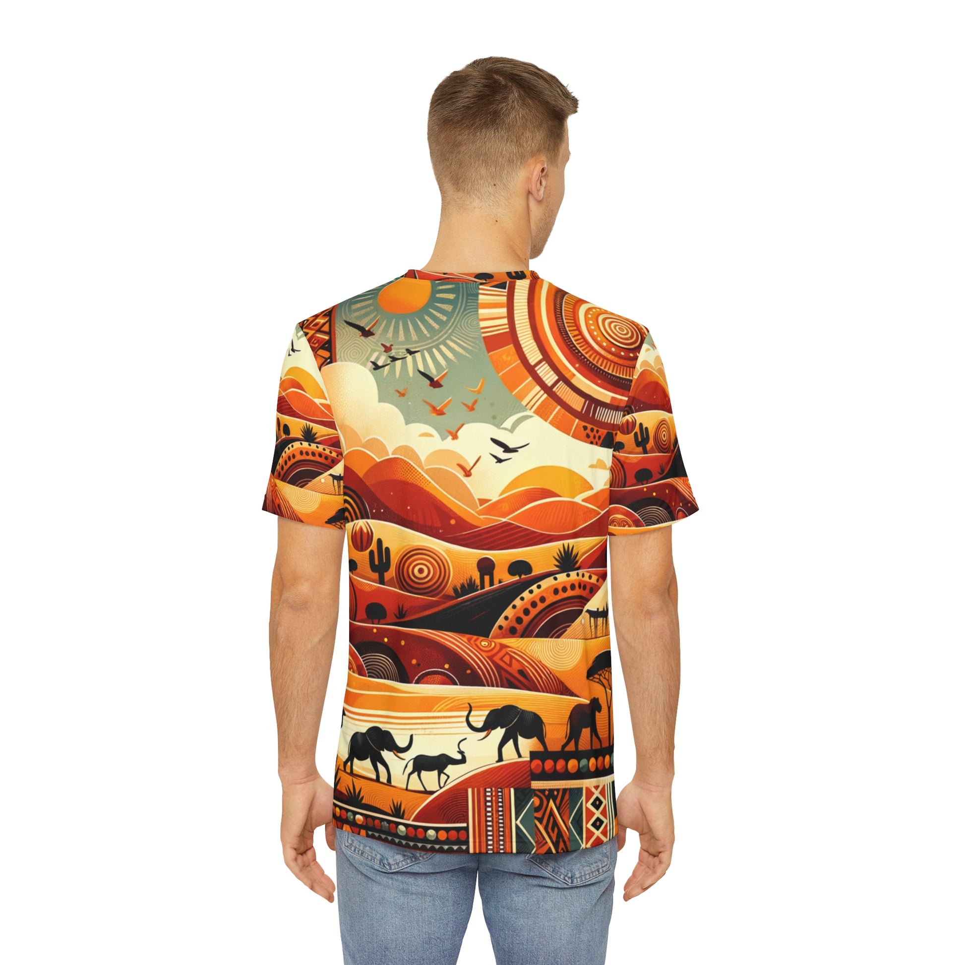 LuckeLadybug unique African pattern shirt for men with vibrant orange wildlife and landscape design