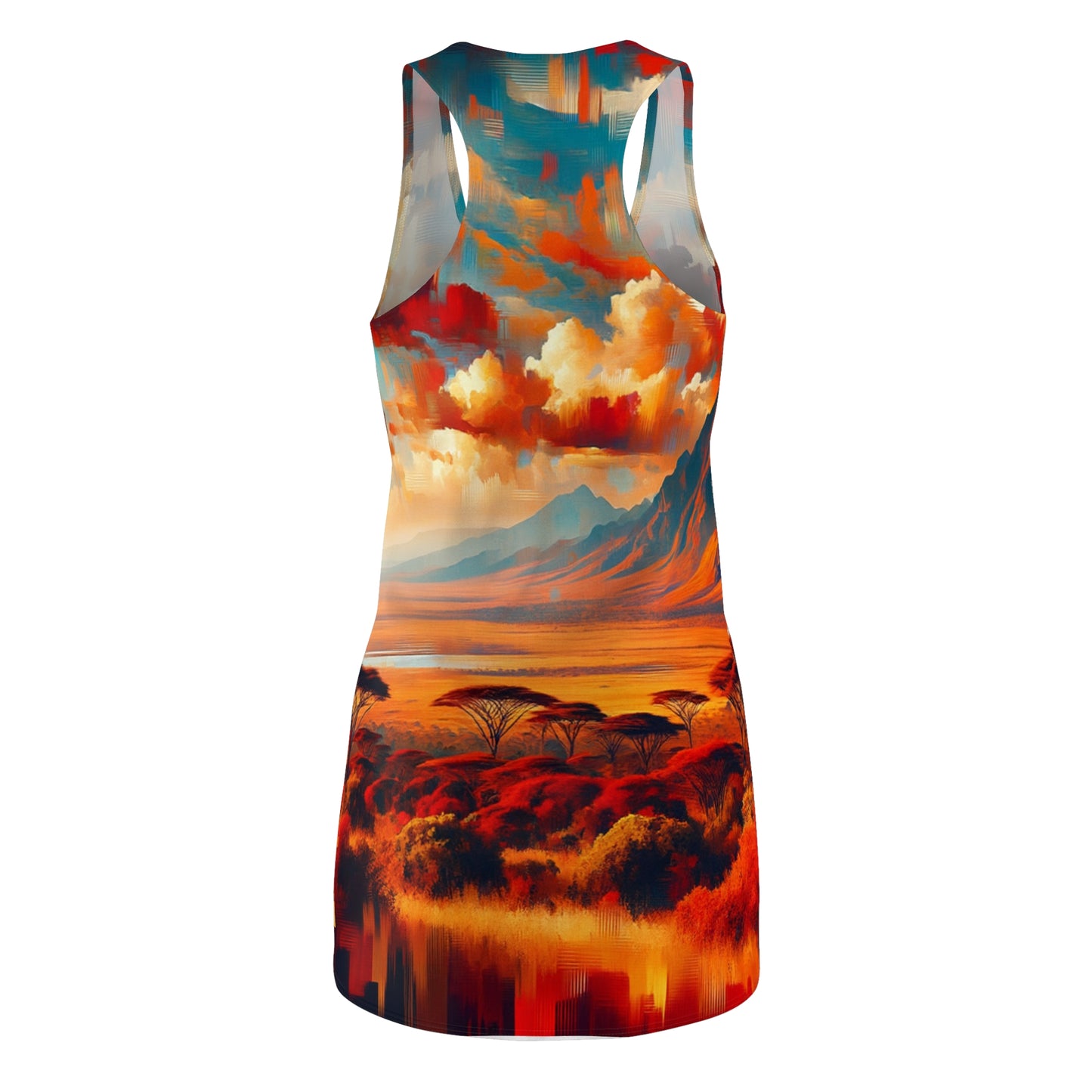  racerback dress featuring unique African style dress for women with vibrant sunset landscape design