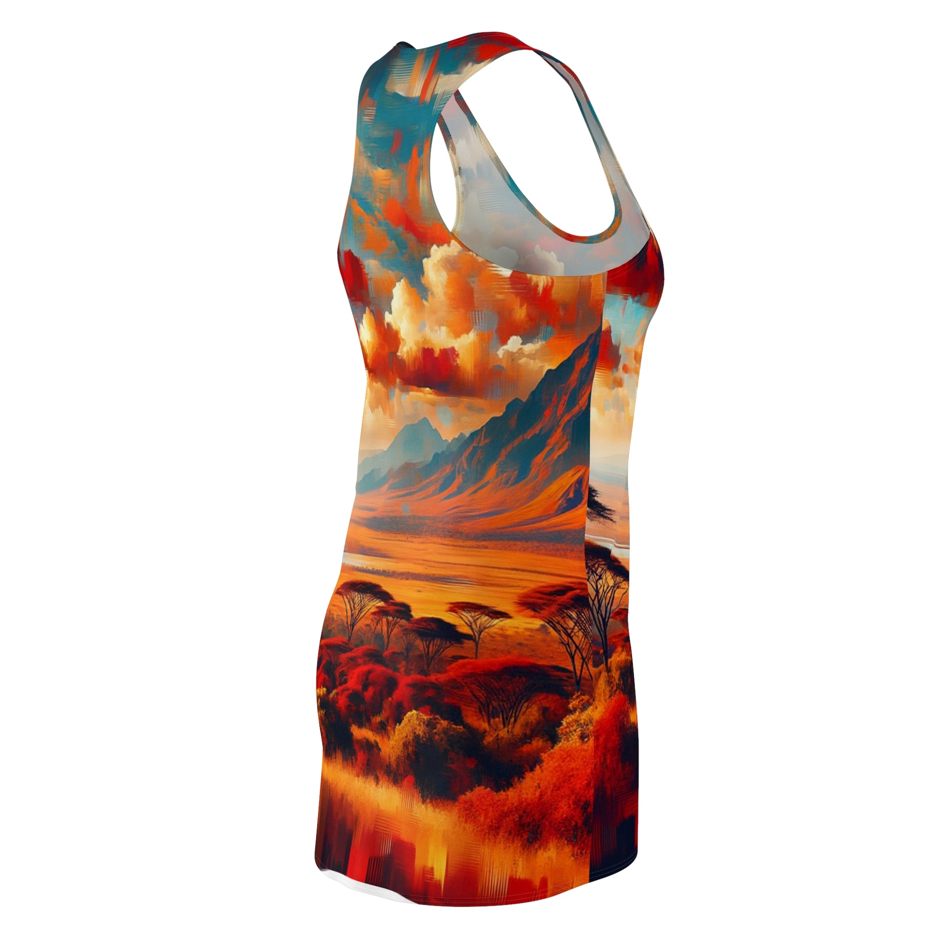 racerback dress featuring vibrant landscape print in a unique African style dress for women