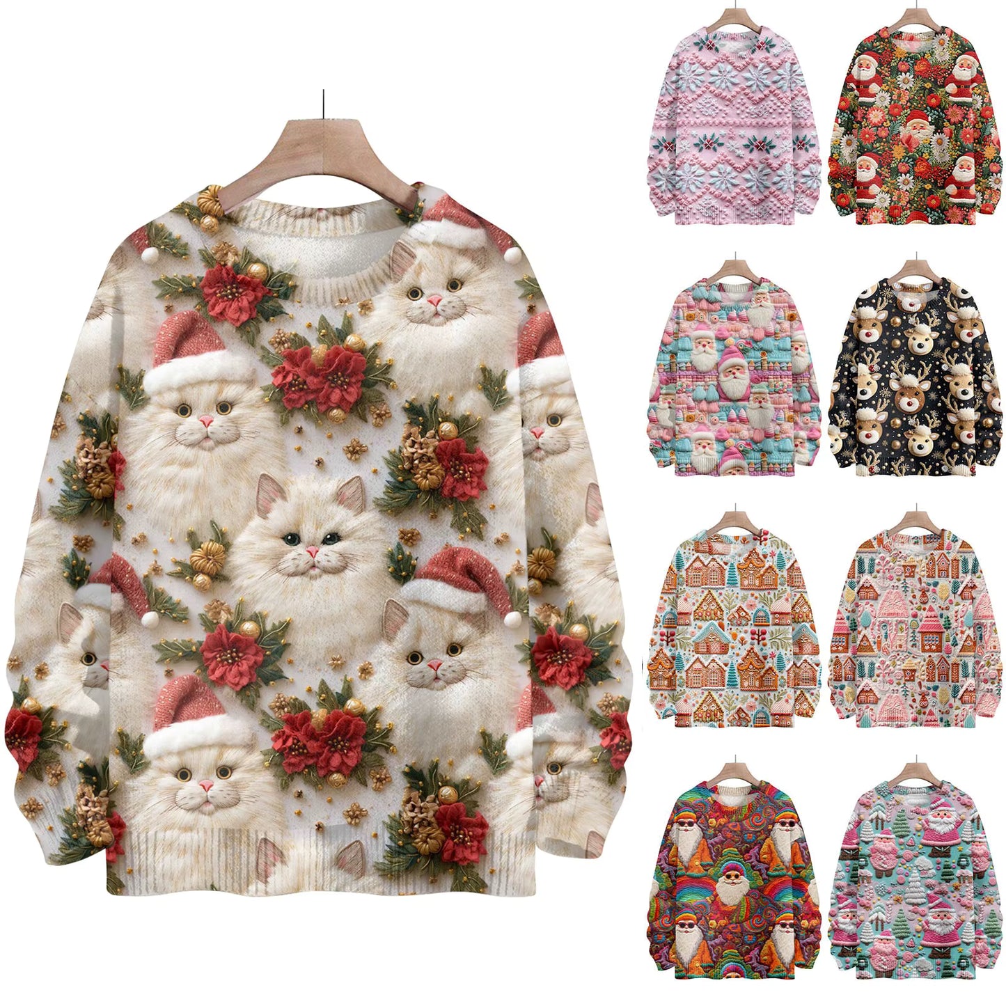 LuckeLadybug unique Christmas pullover for women featuring festive cat designs and holiday patterns