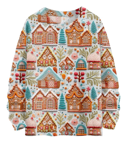 Unique Christmas pullover for women featuring a festive gingerbread house pattern