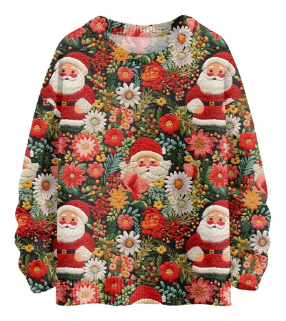 Unique Christmas pullover for women featuring Santa Claus and floral designs in vibrant colors