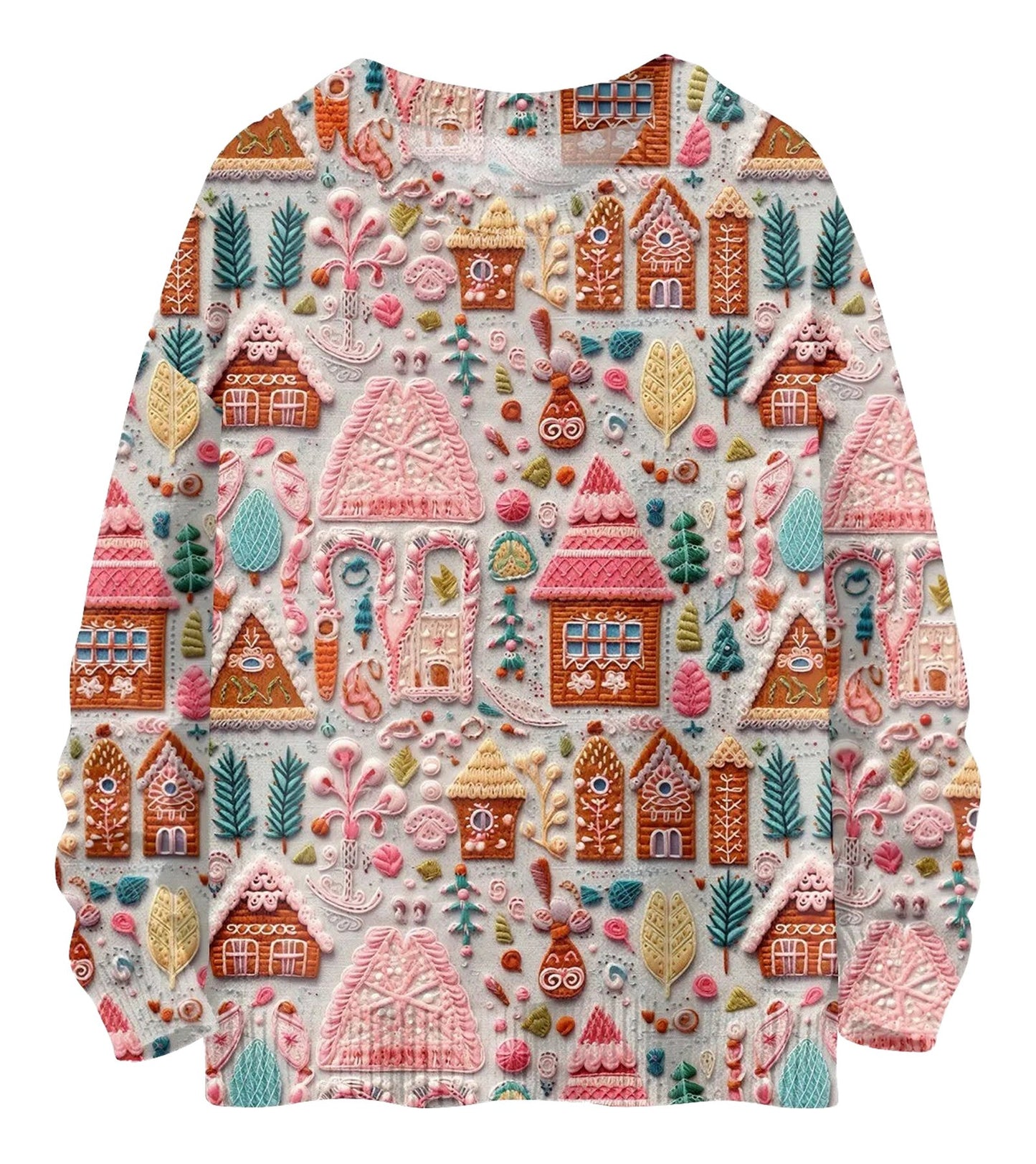 Unique Christmas pullover for women with colorful gingerbread house and holiday pattern