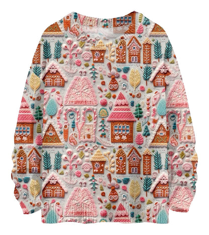Unique Christmas pullover for women with colorful gingerbread house and holiday pattern