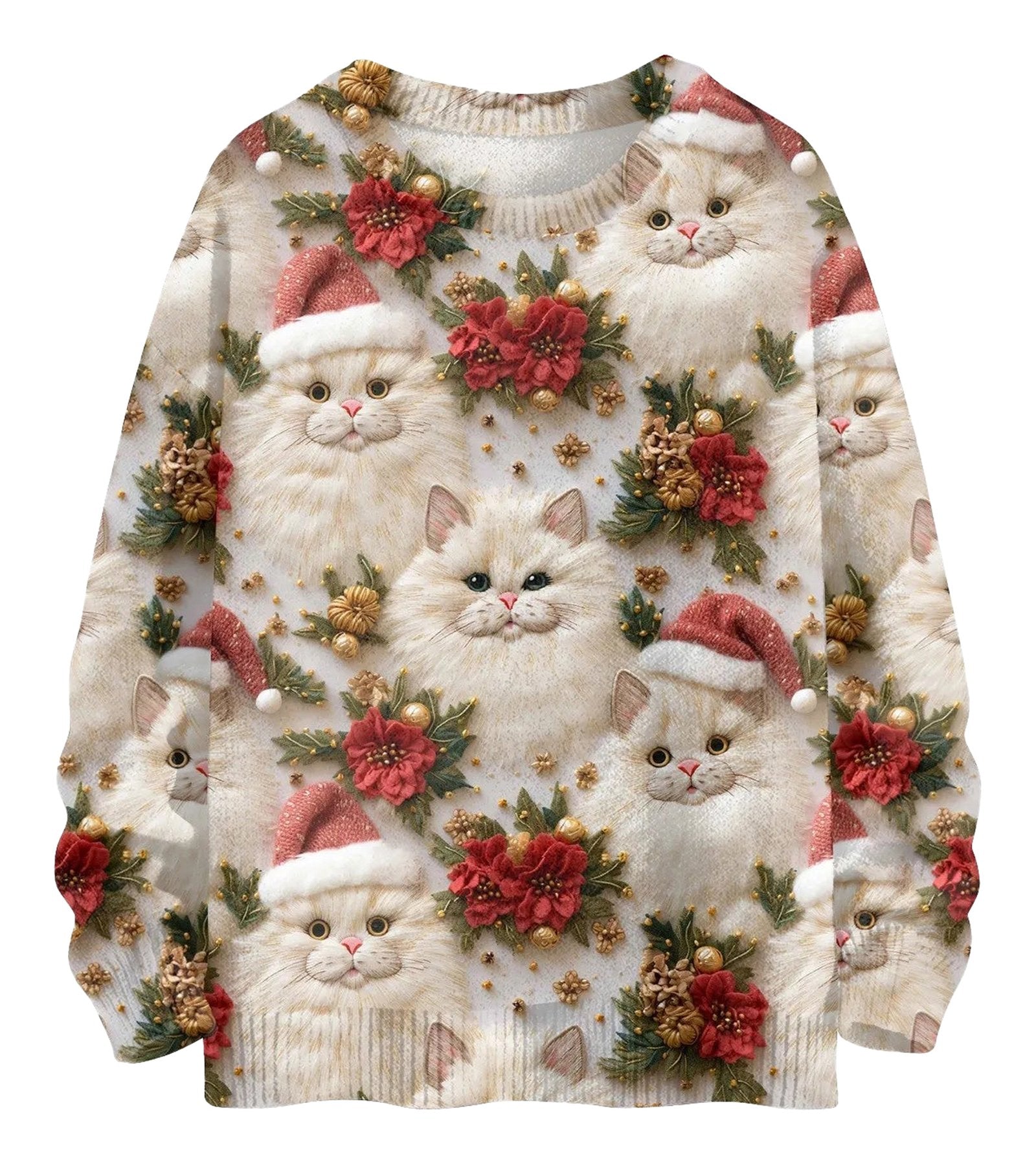 LuckeLadybug unique Christmas pullover for women featuring festive cats and floral designs