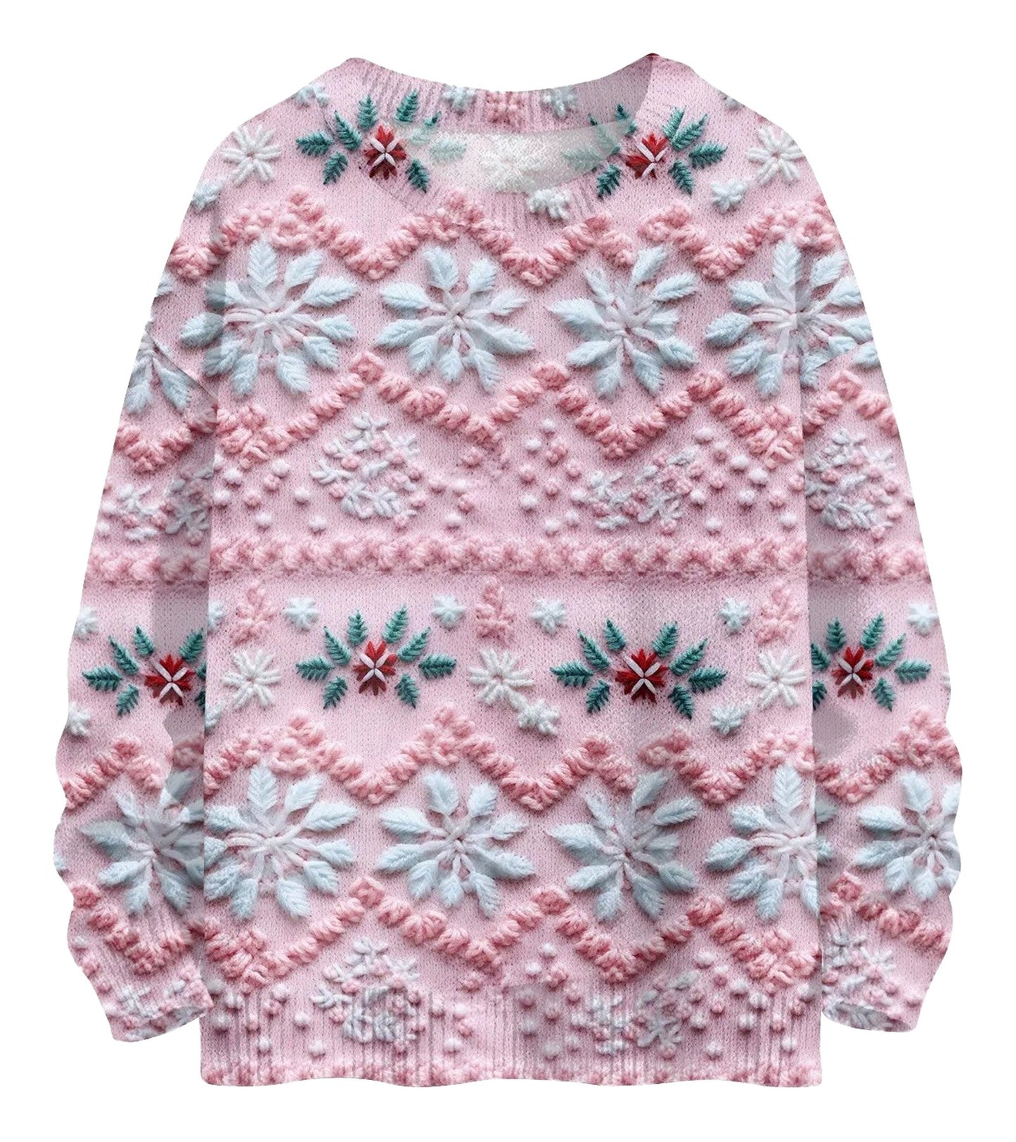 Unique Christmas pullover for women in soft pink with floral patterns and textured details
