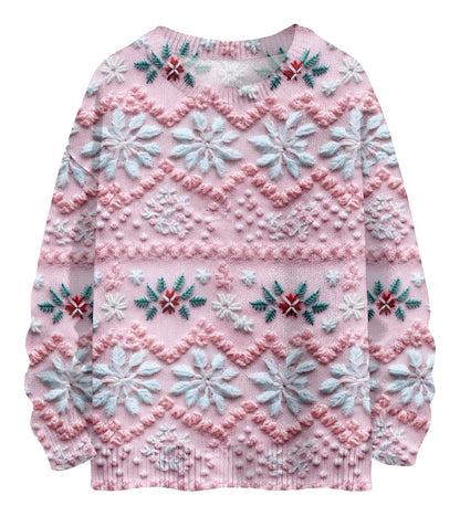 Unique Christmas pullover for women in soft pink with floral patterns and textured details
