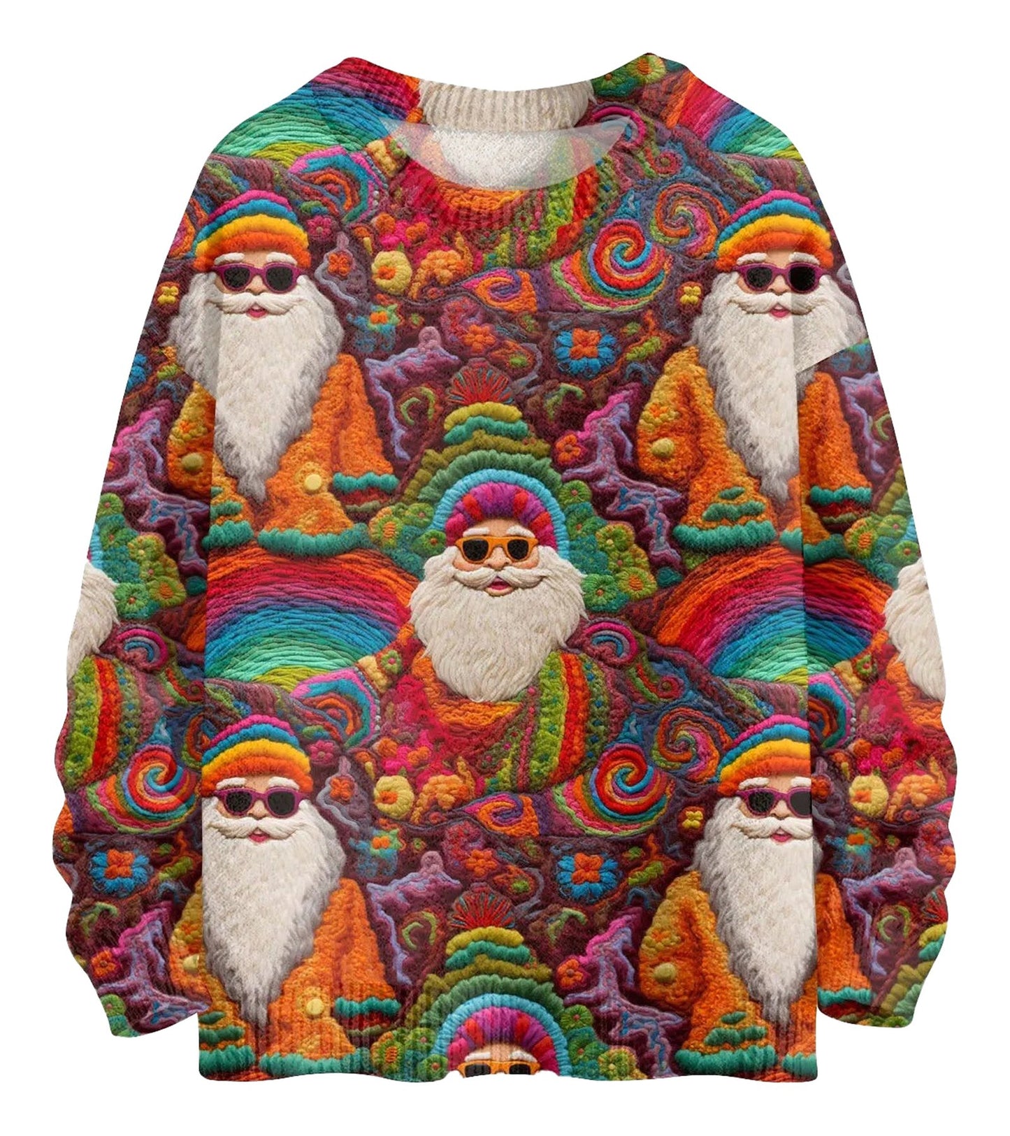 Colorful unique Christmas pullover for women featuring playful Santa designs and vibrant patterns