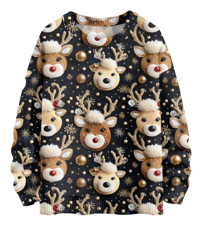 Unique Christmas pullover for women featuring reindeer and festive designs on a black background