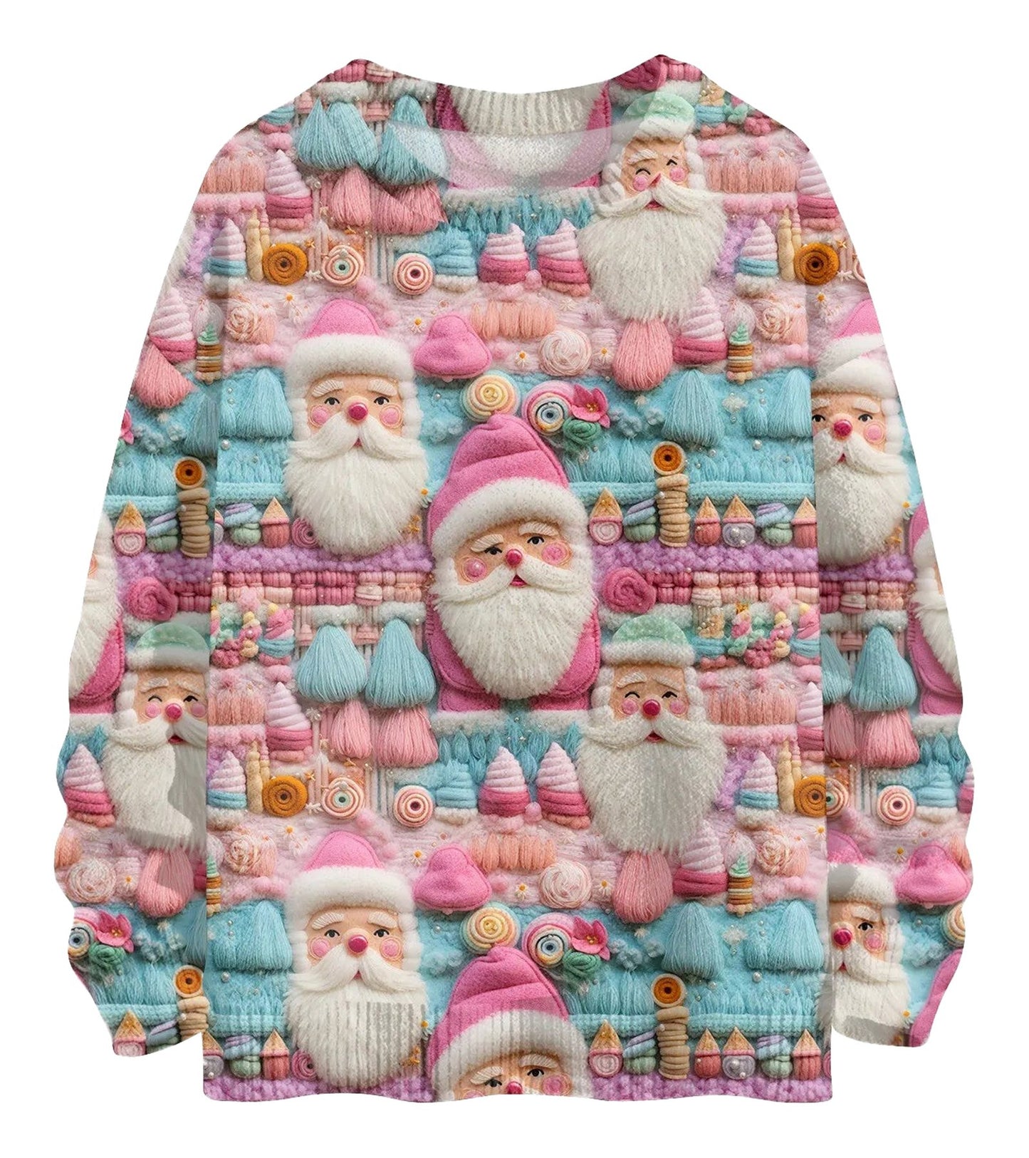 Unique Christmas pullover for women featuring colorful Santa and candy designs for festive style
