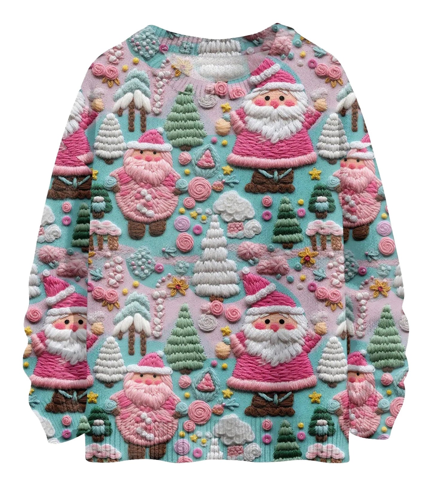 Unique Christmas pullover for women featuring colorful Santa and festive decorations on a light blue background