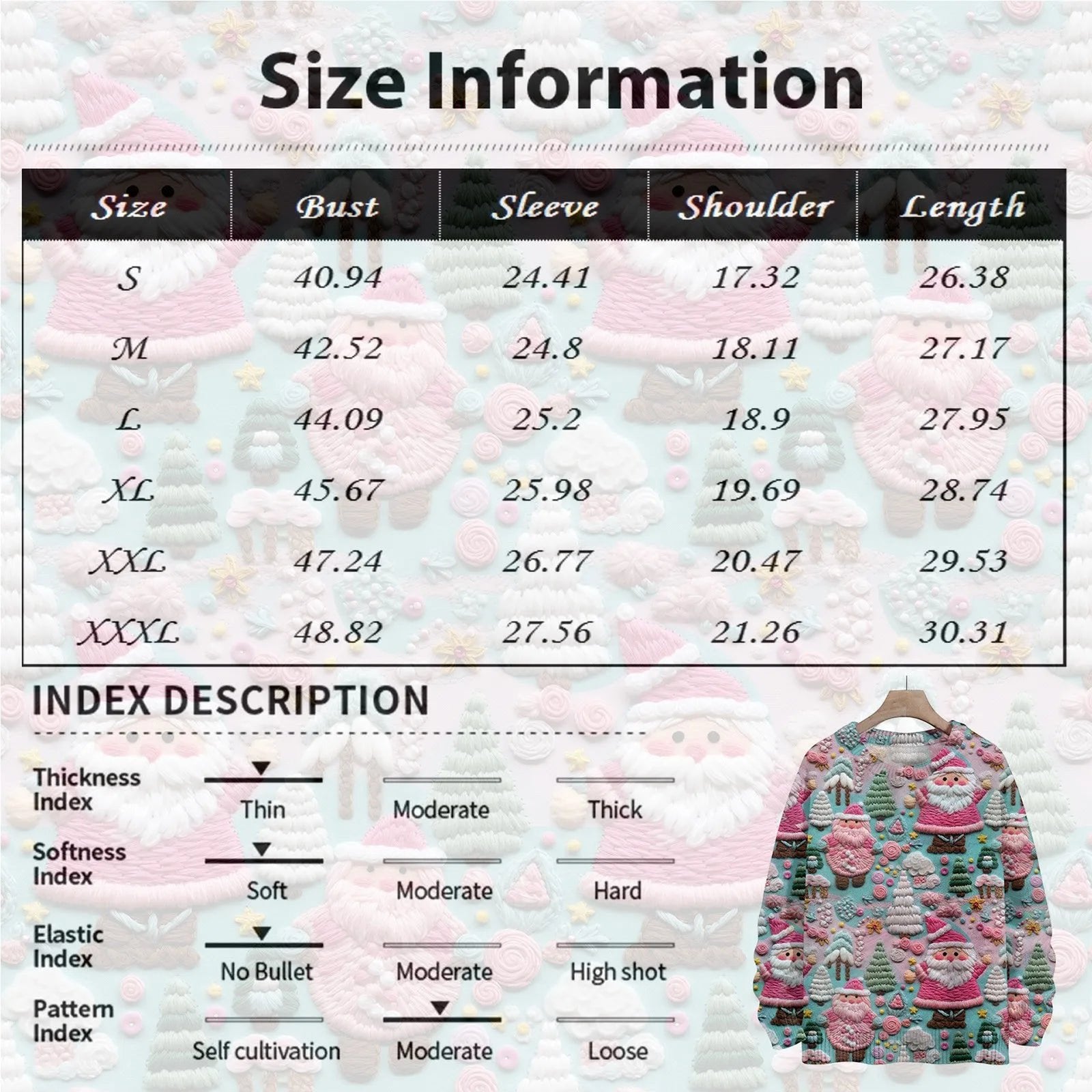 Size chart for a unique Christmas pullover for women showing bust, sleeve, shoulder, and length measurements