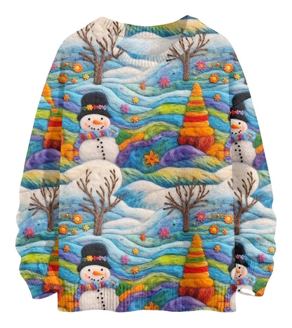 Unique Christmas pullover for women featuring colorful snowmen and festive winter scenery