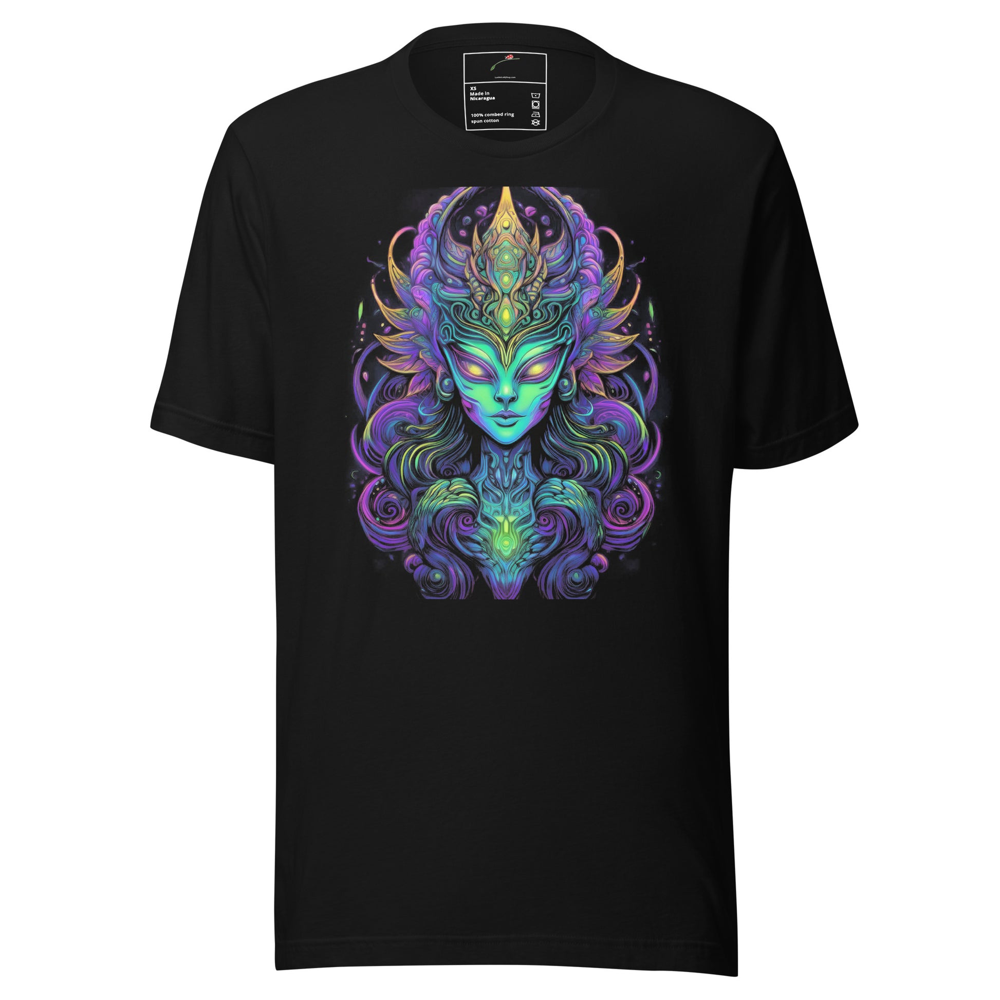 LuckeLadybug black T-shirt featuring a unique extraterrestrial fashion tee with vibrant alien artwork