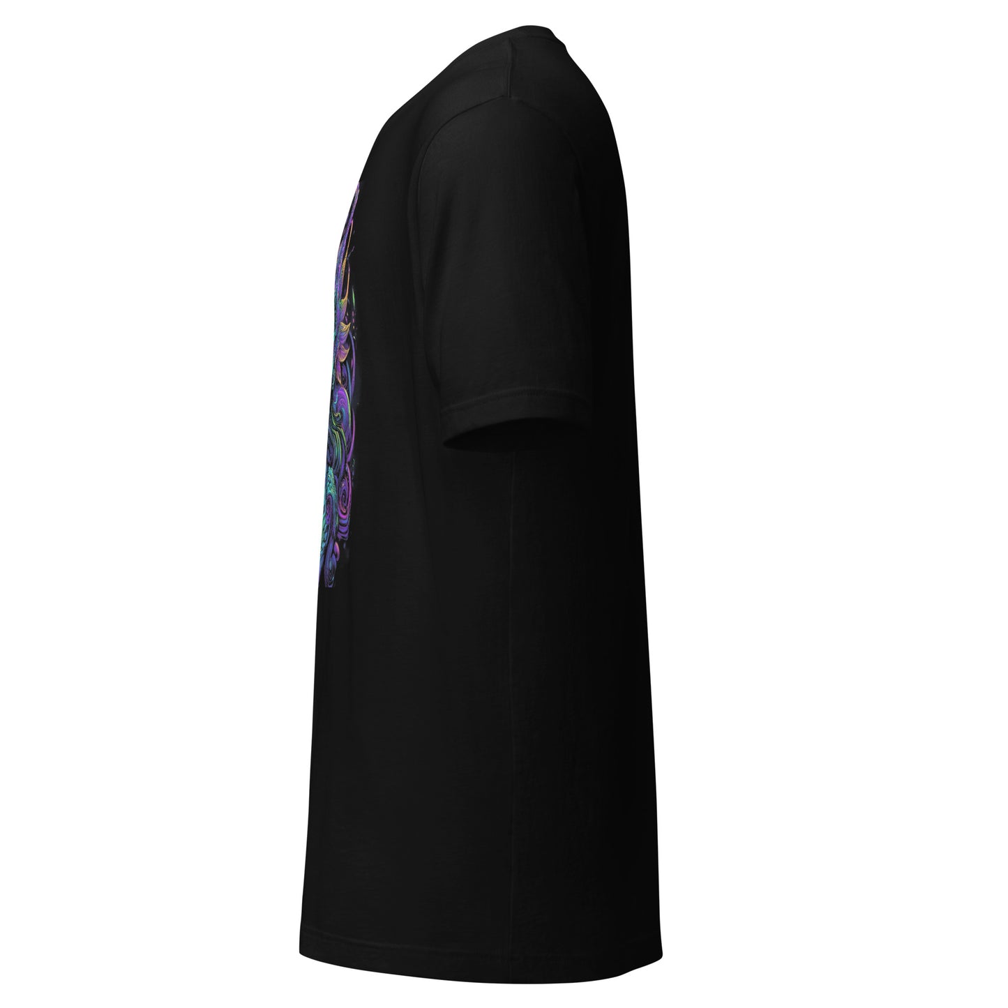 Black short sleeve unique extraterrestrial fashion tee by LuckeLadybug in side view