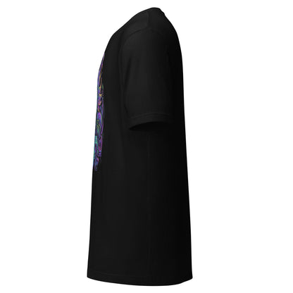 Black short sleeve unique extraterrestrial fashion tee by LuckeLadybug in side view