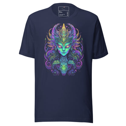 LuckeLadybug unique extraterrestrial fashion tee with vibrant alien head design on navy blue shirt