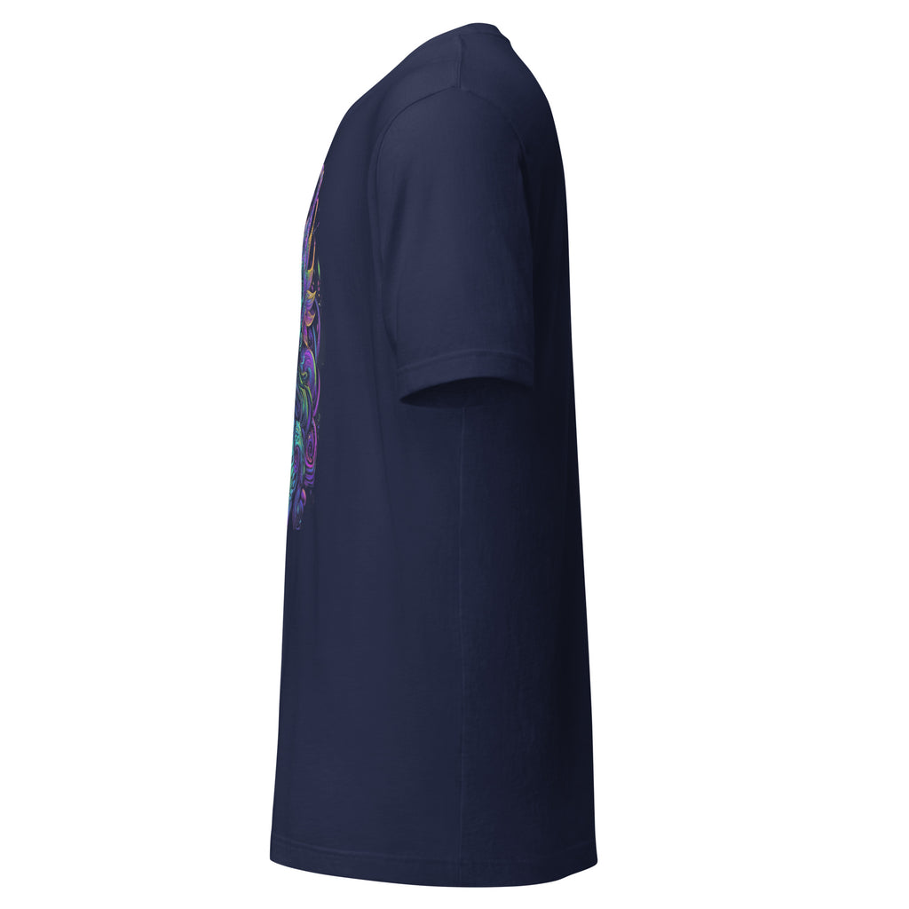 Side view of LuckeLadybug unique extraterrestrial fashion tee in navy blue with colorful alien design
