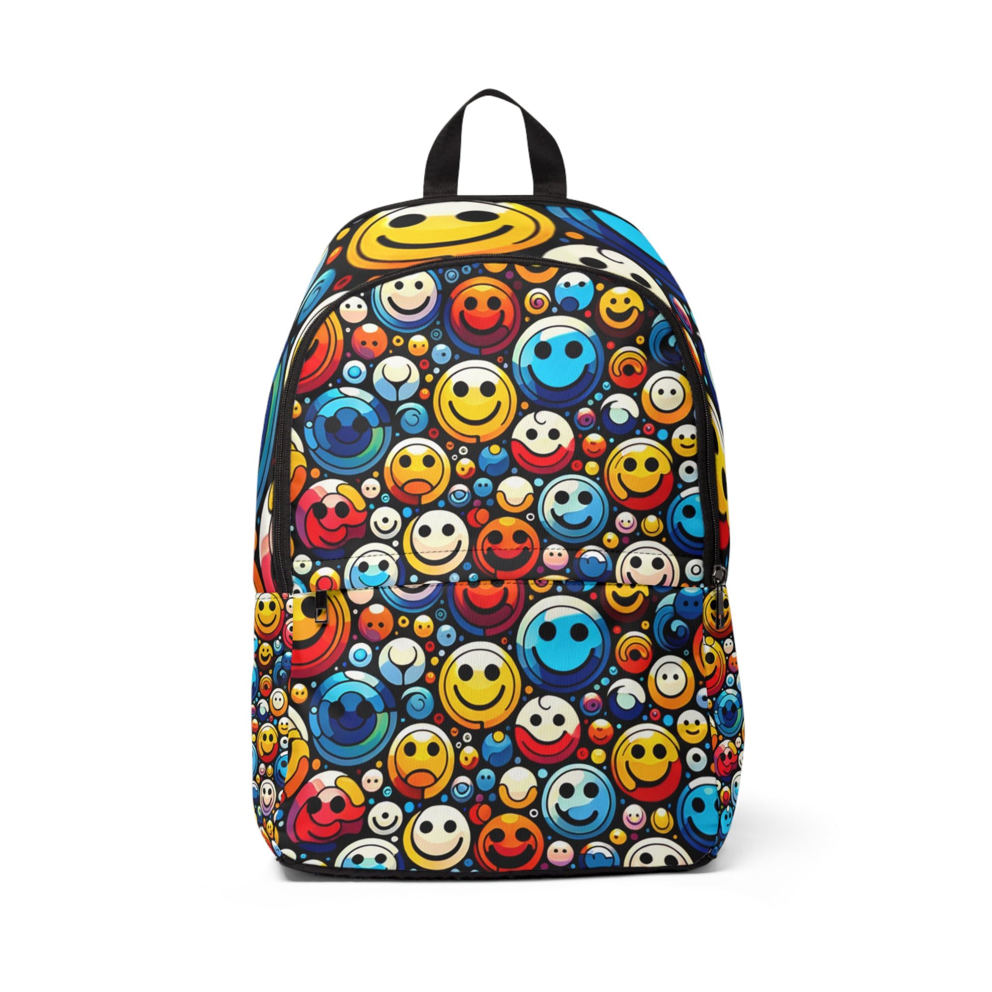 LuckeLadybug unique fashion backpack for teens with colorful smiley face pattern and front pocket