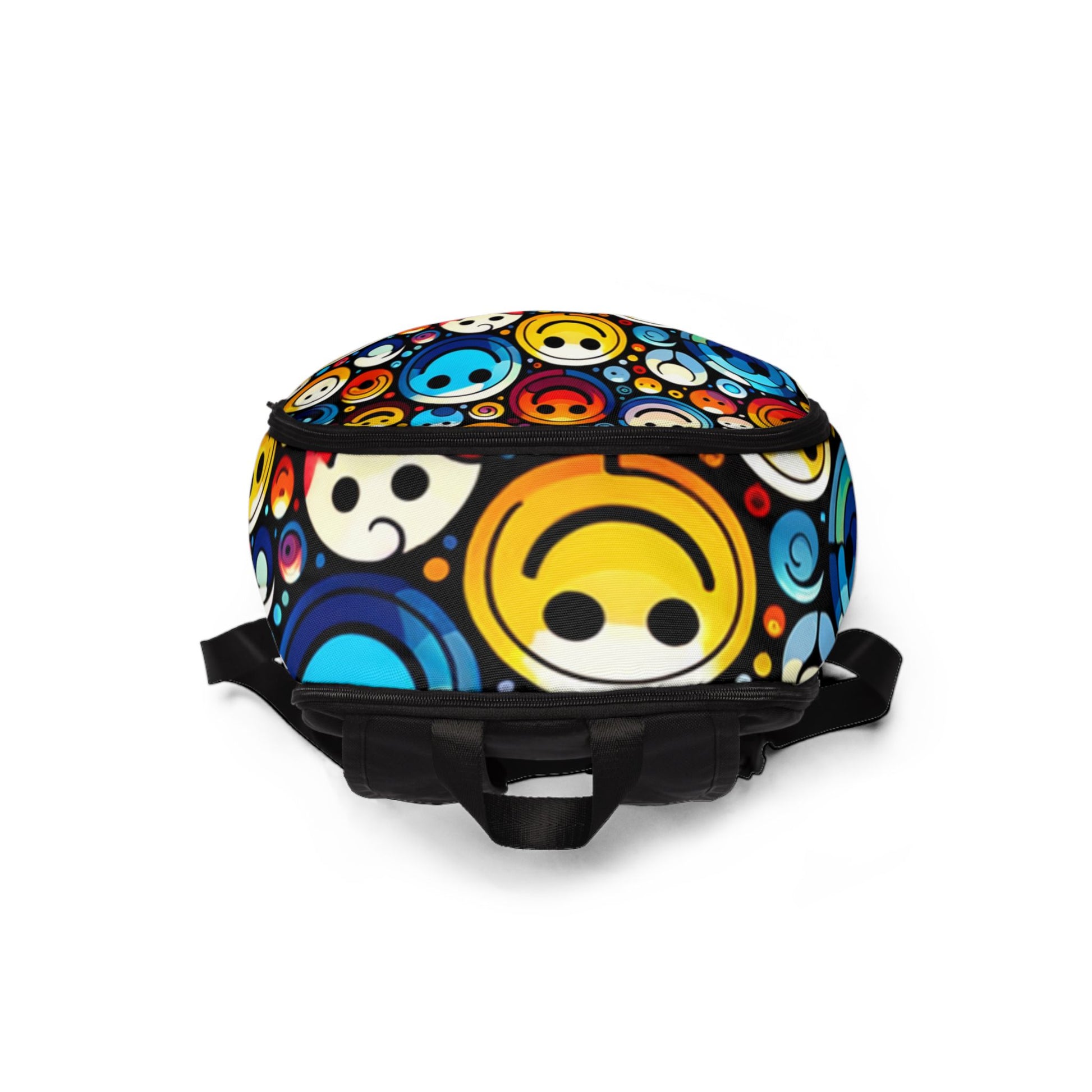 LuckeLadybug unique fashion backpack for teens with colorful smiley face pattern and black straps