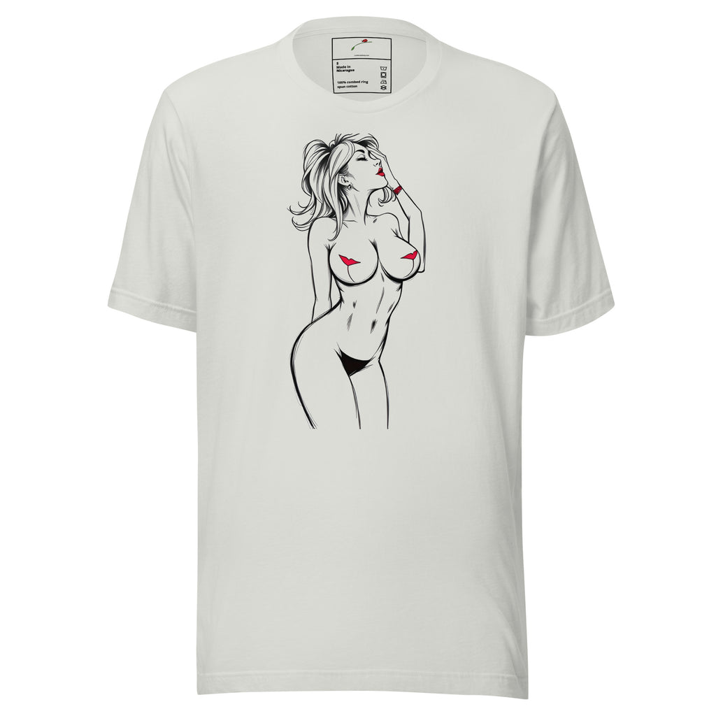 White LuckeLadybug T-shirt featuring a unique illustrated fashion shirt design of a stylized woman drawing