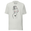 White LuckeLadybug T-shirt featuring a unique illustrated fashion shirt design of a stylized woman drawing