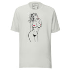 White LuckeLadybug T-shirt featuring a unique illustrated fashion shirt design of a stylized woman drawing