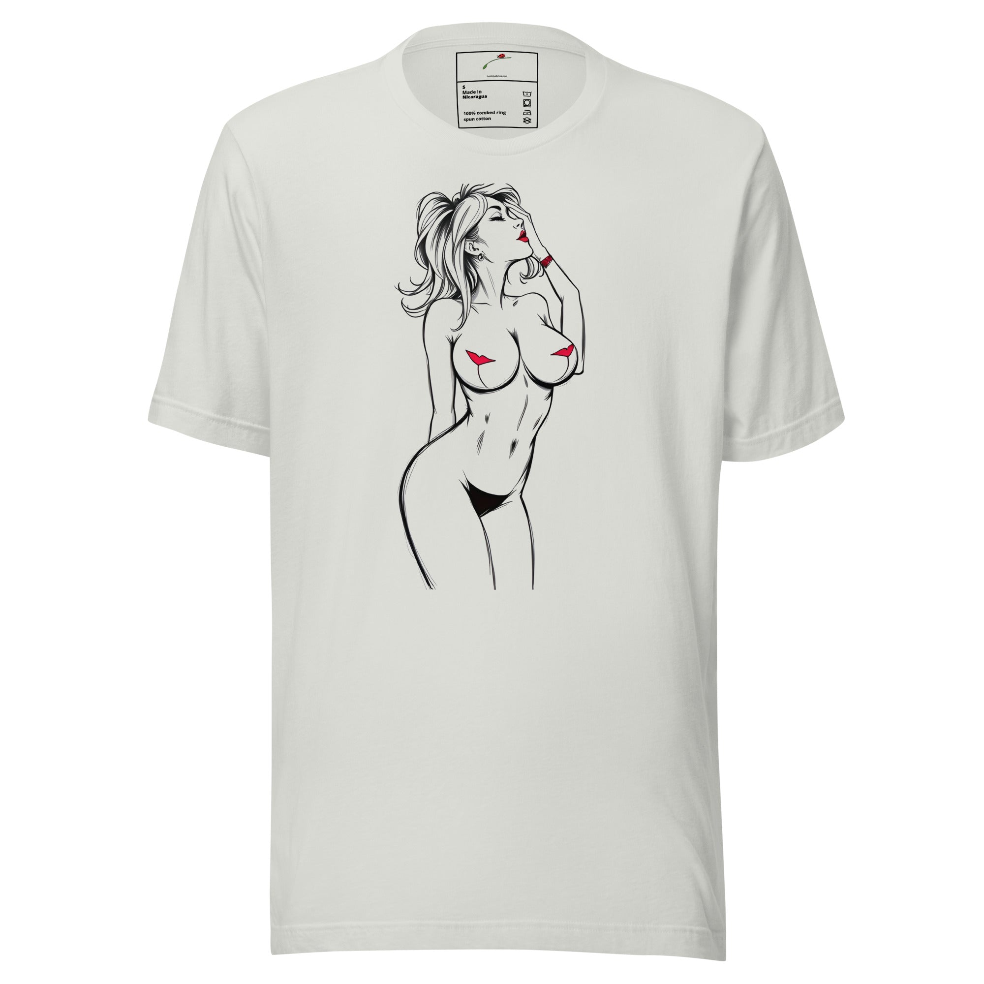 White LuckeLadybug T-shirt featuring a unique illustrated fashion shirt design of a stylized woman drawing